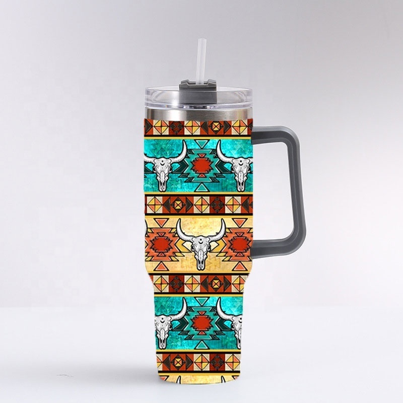 Custom Design Boho Cow Head Sunflower Print Stainless Steel 40oz Tumbler With Handle