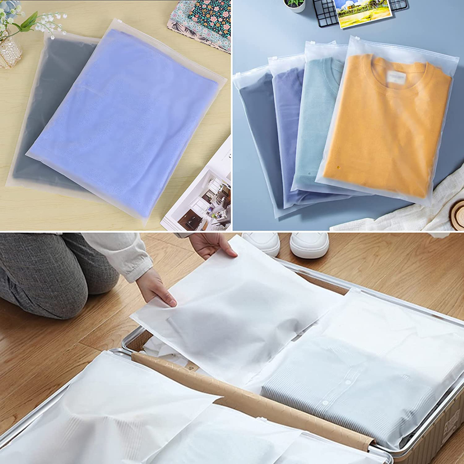 Custom reusable Printed sweater garment packaging bag clear plastic bag zipper clothes With hanging hole