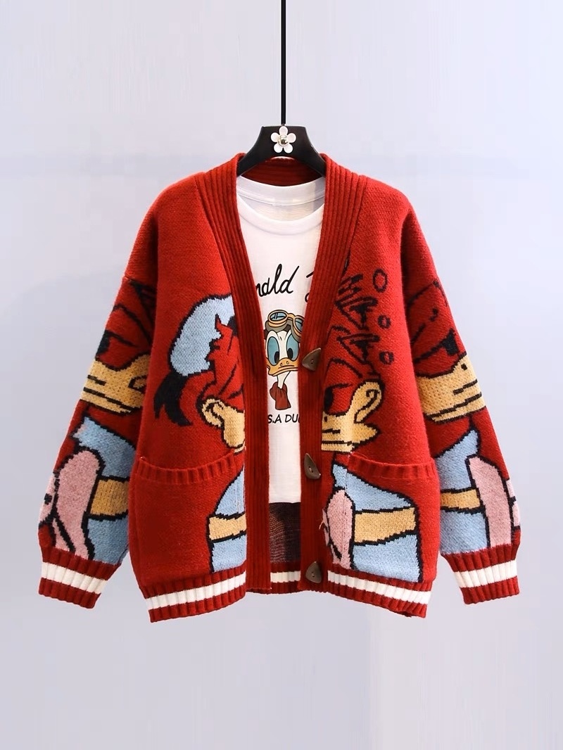 Custom Logo Clothing Manufacturers Animal Jacquard Knitwear Sweater Cartoon Cardigan Women's Sweater