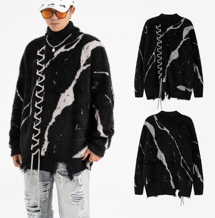 New Fashion Winter Heavy Mohair High Street  Jumper Angora Puzzy Long Sleeve Knitted Sweater Split Design Turtleneck Men Sweater