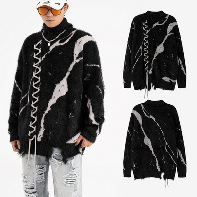 New Fashion Winter Heavy Mohair High Street  Jumper Angora Puzzy Long Sleeve Knitted Sweater Split Design Turtleneck Men Sweater