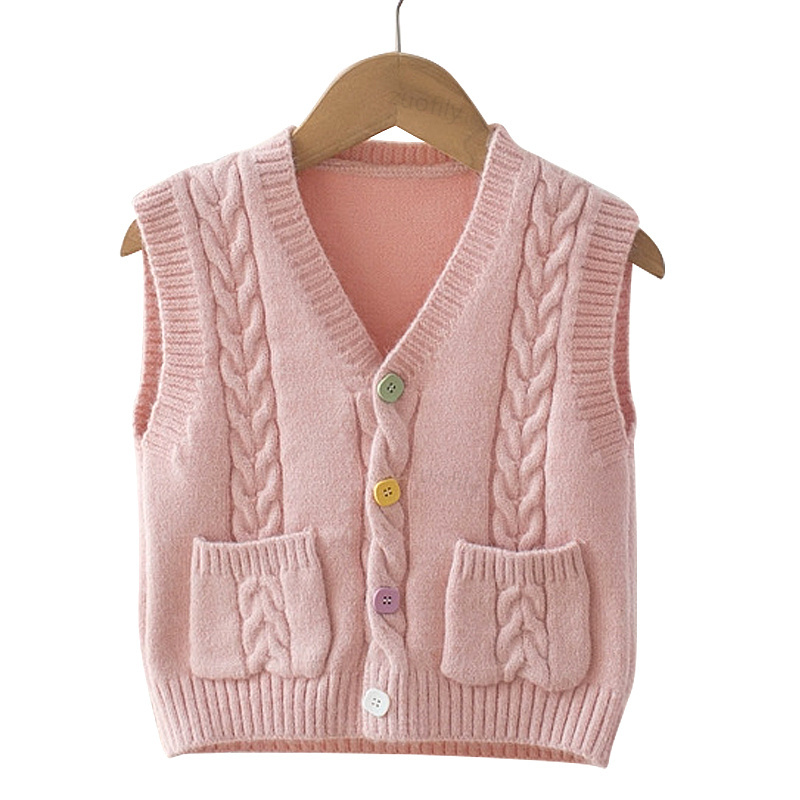 Spring Girls Knit Cardigan Vest Fashion Children Girls Pink Knitted Vest Jacket Kids Baby V-neck Sweater Autumn Solid Vest