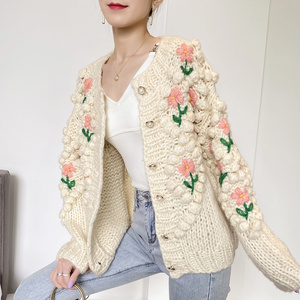 Custom Winter Knitting Plus Size Embroidered Cotton Buttoned Crochet Woven Warm Cardigan Women Fuzzy Sweater