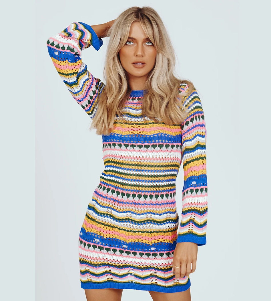 Design Round Neck Crochet Knitted Sweater Rainbow Stripe Pullover Mid Length Women'S Dress