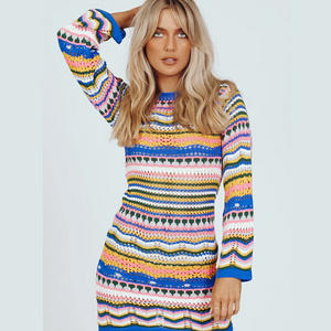 Design Round Neck Crochet Knitted Sweater Rainbow Stripe Pullover Mid Length Women'S Dress