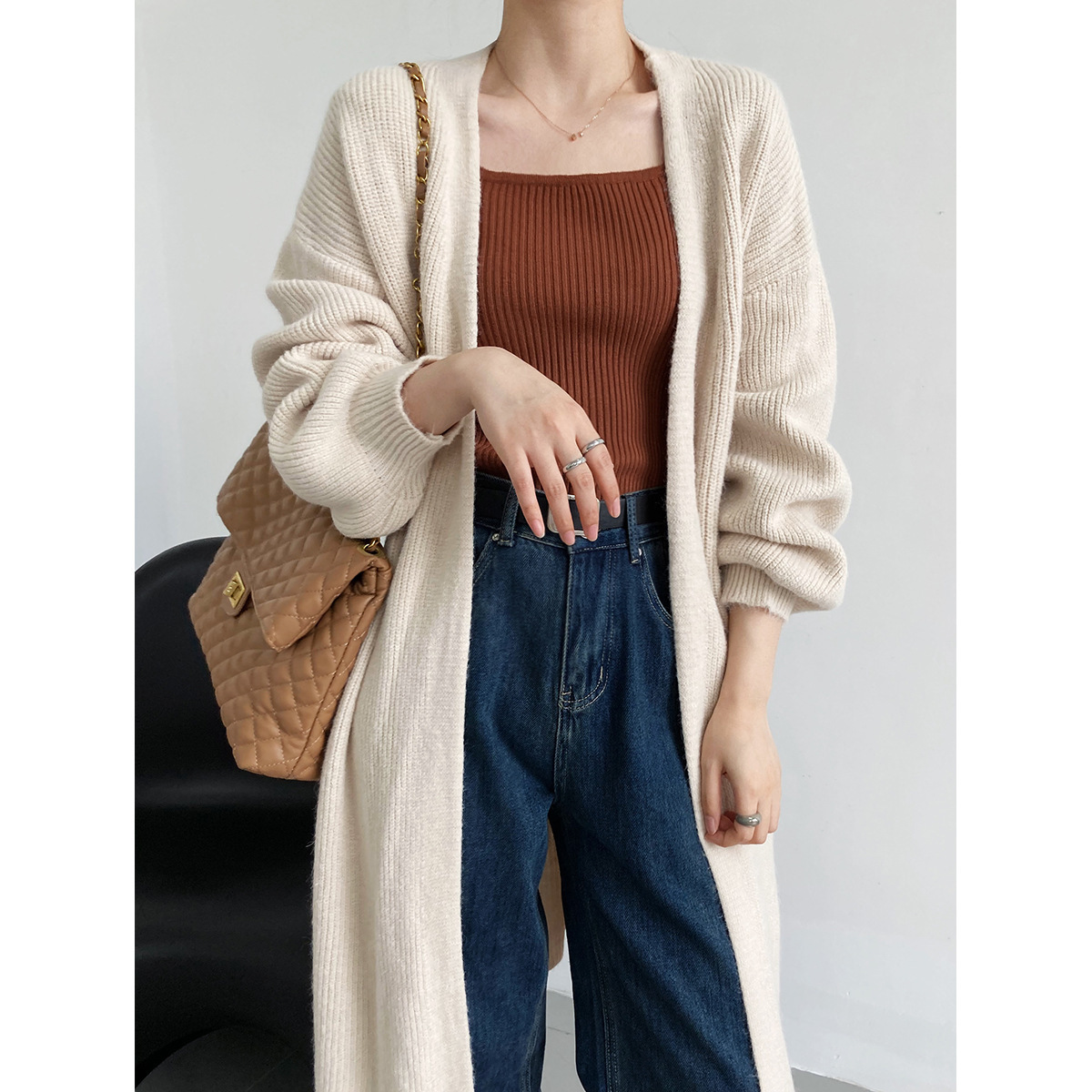 Autumn And Winter Long Knitted Cardigan Women'S Korean Lantern Long Sleeve Sweater Coat