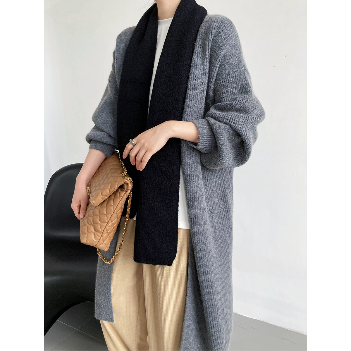 Autumn And Winter Long Knitted Cardigan Women'S Korean Lantern Long Sleeve Sweater Coat