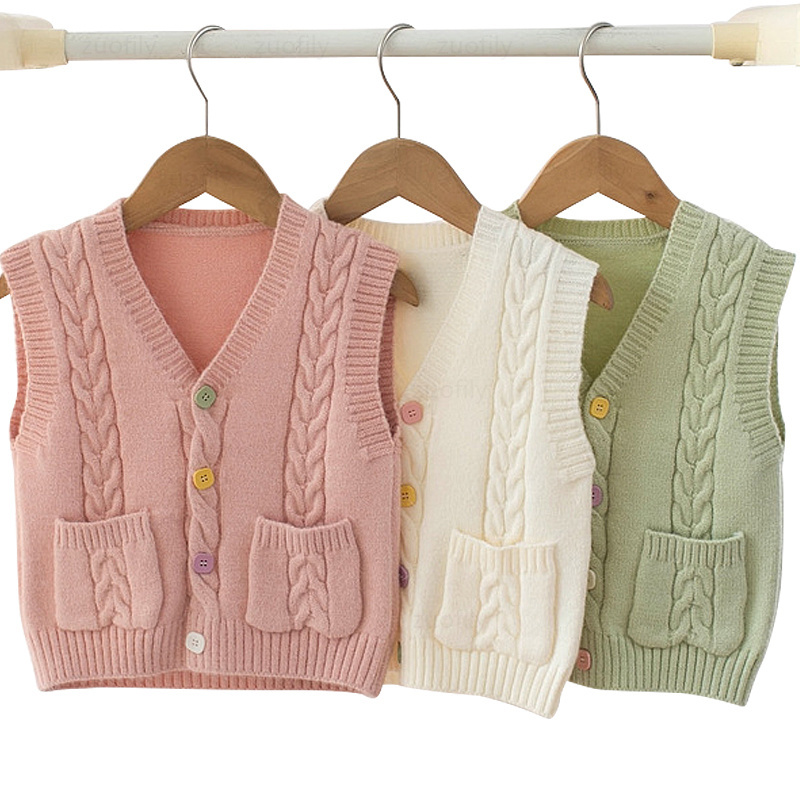 Spring Girls Knit Cardigan Vest Fashion Children Girls Pink Knitted Vest Jacket Kids Baby V-neck Sweater Autumn Solid Vest