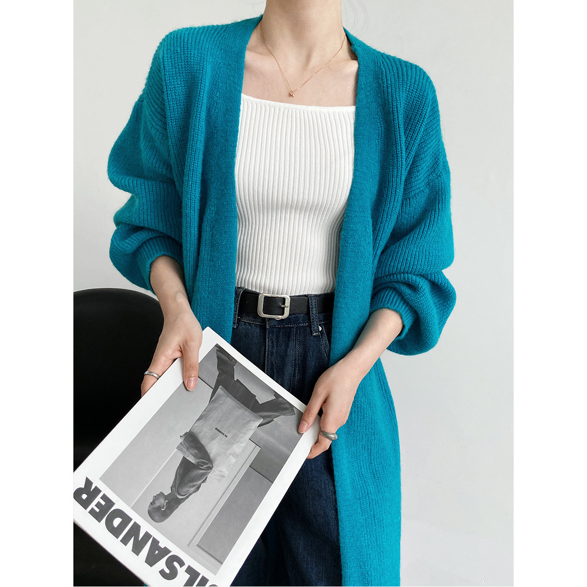 Autumn And Winter Long Knitted Cardigan Women'S Korean Lantern Long Sleeve Sweater Coat