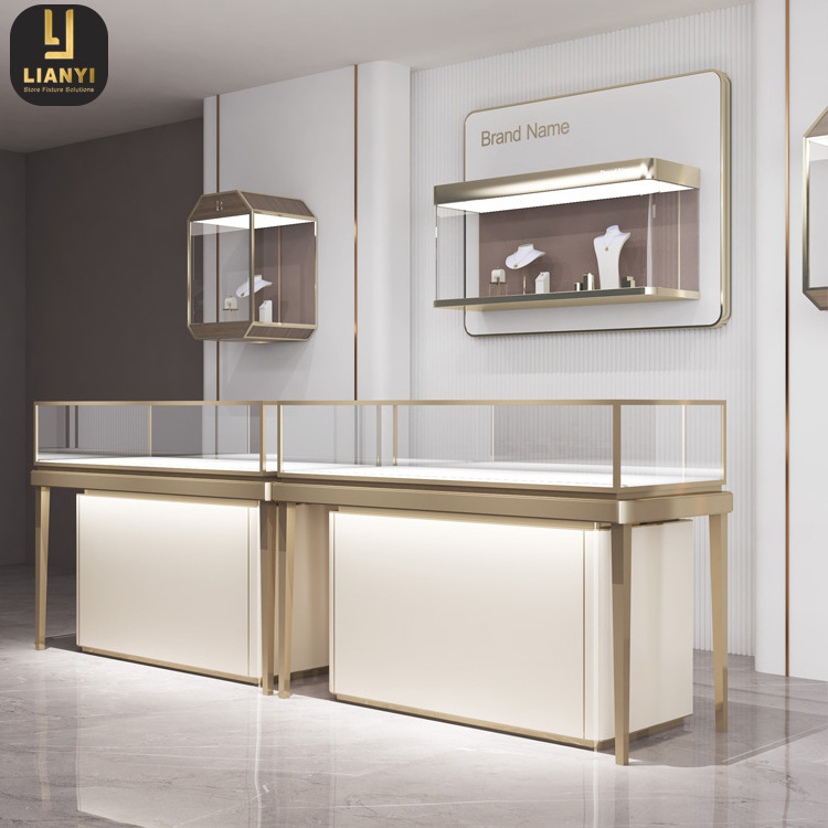 Gold Locking Jewelry Display Case Shopping Mall Jade Commercial Counter Glass Jewellery Watch Display Cabinet