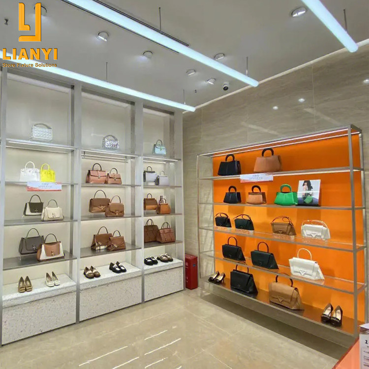 Beautiful Double Handbag and Shoe Retail Store Display Furniture Design Bag Display Shelves For Wall Handbag Display