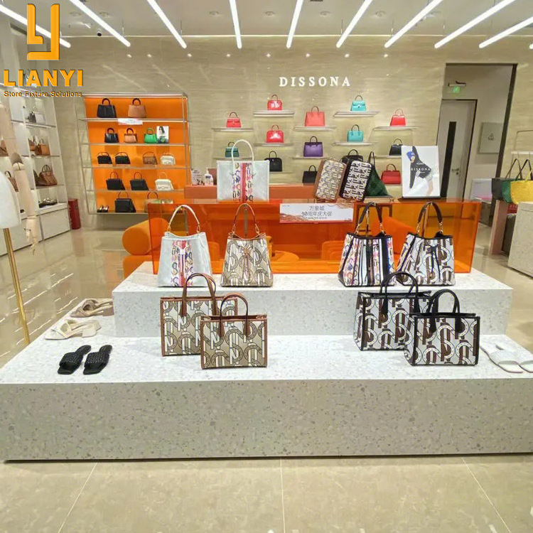 Beautiful Double Handbag and Shoe Retail Store Display Furniture Design Bag Display Shelves For Wall Handbag Display