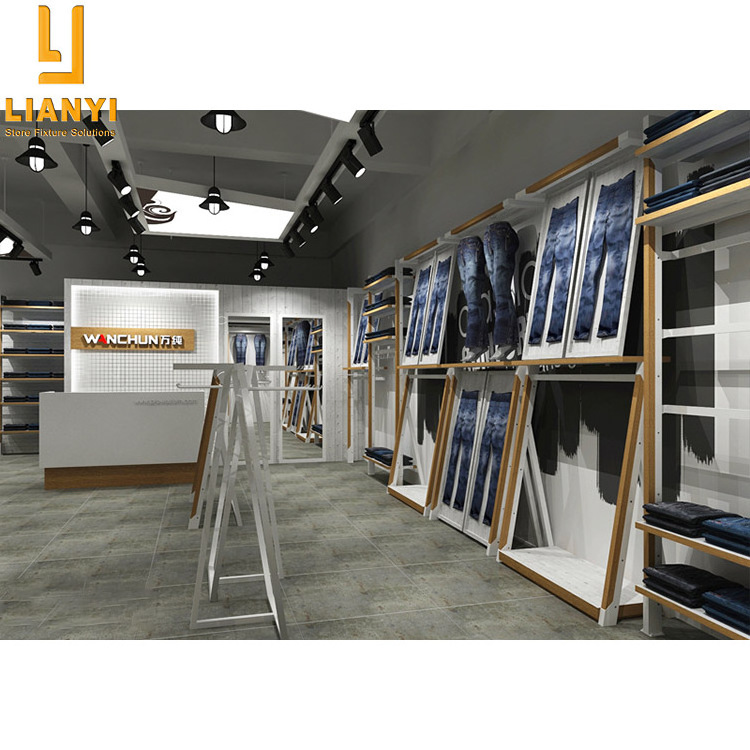 Jeans Cloth Shop Interior Design Ideas Wooden Pants Counter Shelves Jeans Display Rack