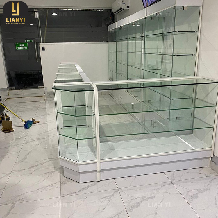 Retail Shop Supplies Full Vision Clear Glass Display Counter Medical Store Cabinet Design Wall Pharmacy Showcases