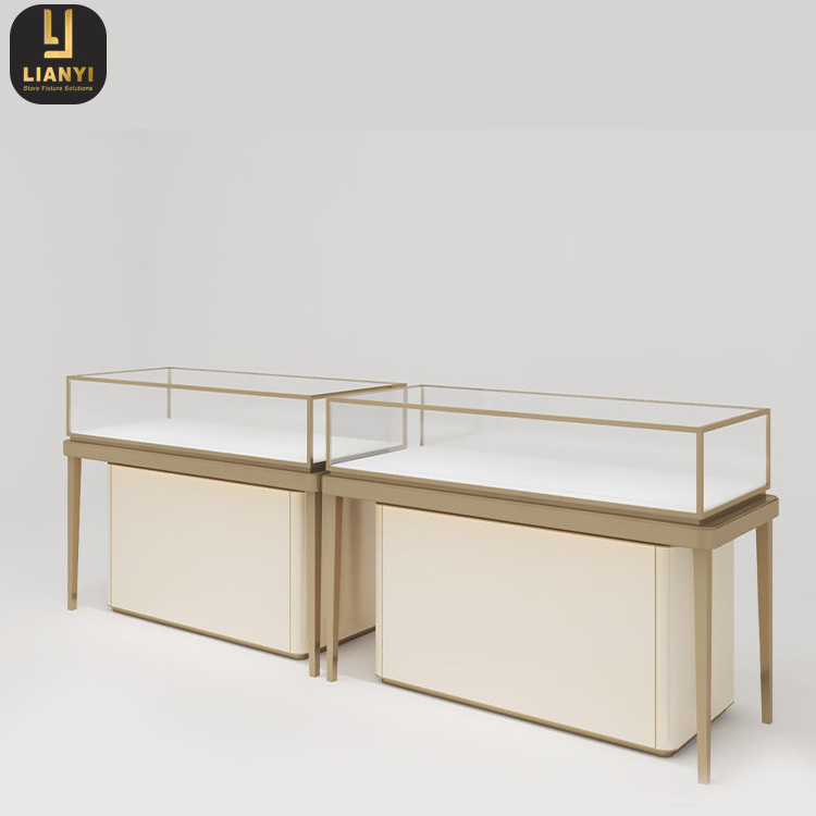 Gold Locking Jewelry Display Case Shopping Mall Jade Commercial Counter Glass Jewellery Watch Display Cabinet