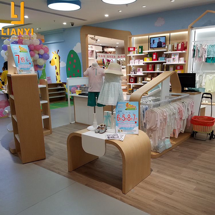 Wooden Veneer Exhibition Display Stand Baby Clothing Display Rack And Shelf