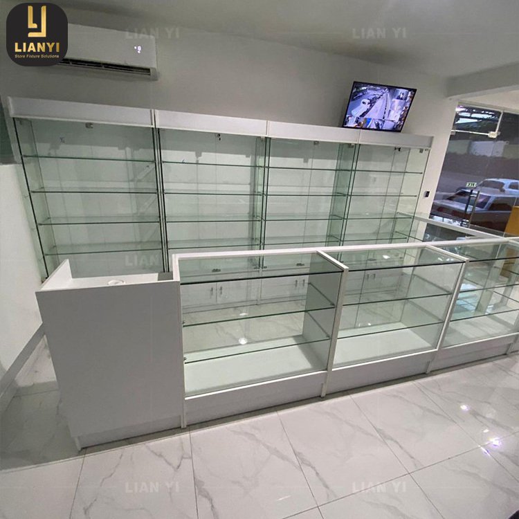 Retail Shop Supplies Full Vision Clear Glass Display Counter Medical Store Cabinet Design Wall Pharmacy Showcases