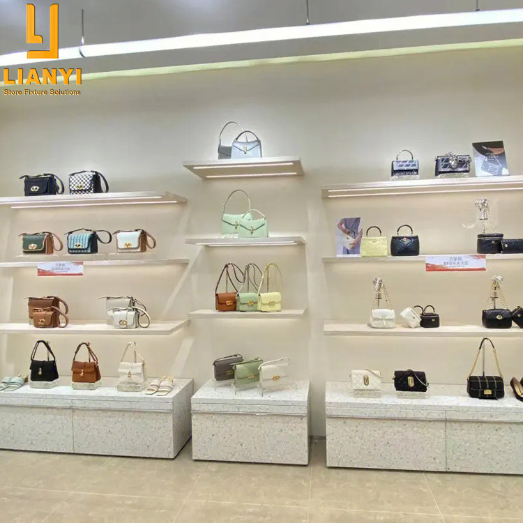 Beautiful Double Handbag and Shoe Retail Store Display Furniture Design Bag Display Shelves For Wall Handbag Display