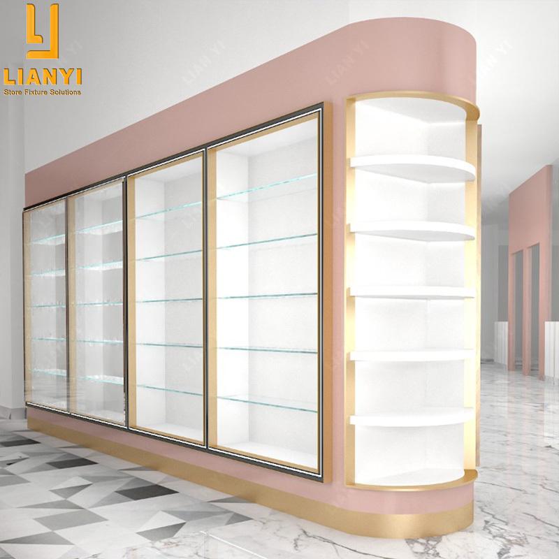 Unique Design Ideas Beauty Salon Products Display Cabinets Cosmetic Nail Wall Display Shelves