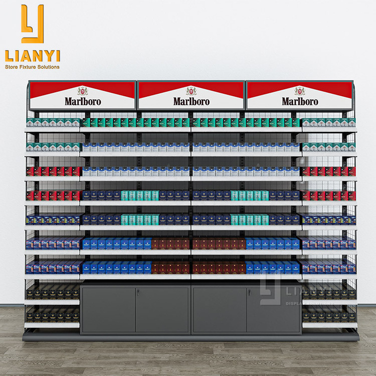 China factory direct tobacco rack cigarettes display shelves with base cabinets