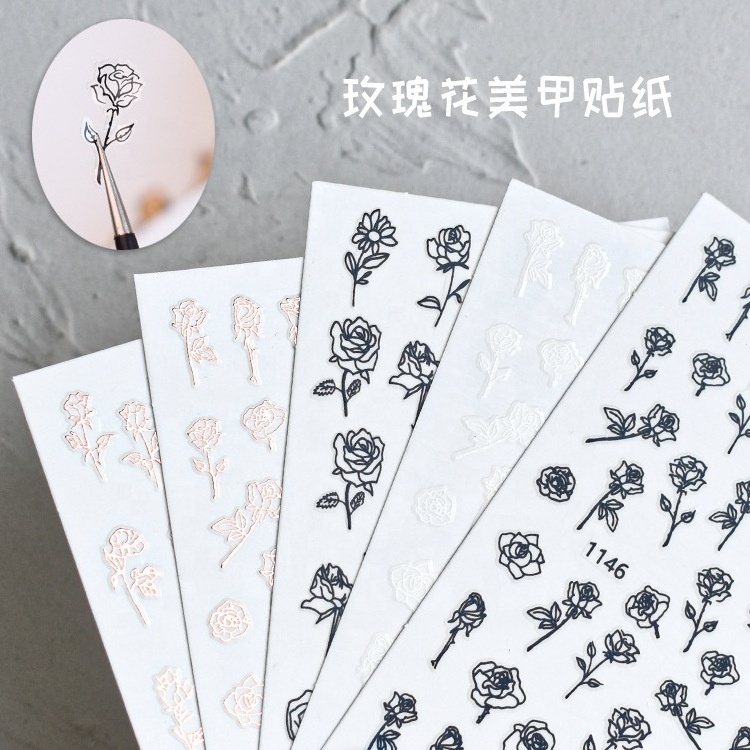 Fall Hot Sale Rose Flower Nail Sticker Black White Flower Adhesive Solid Rose Gold Hollow Designer Nail Decal For Manicure