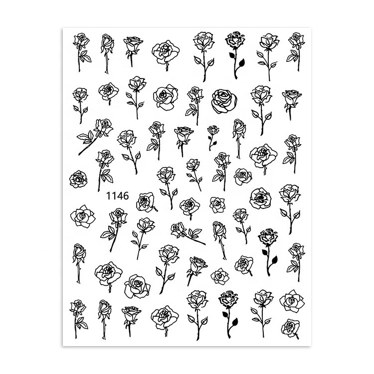 Fall Hot Sale Rose Flower Nail Sticker Black White Flower Adhesive Solid Rose Gold Hollow Designer Nail Decal For Manicure