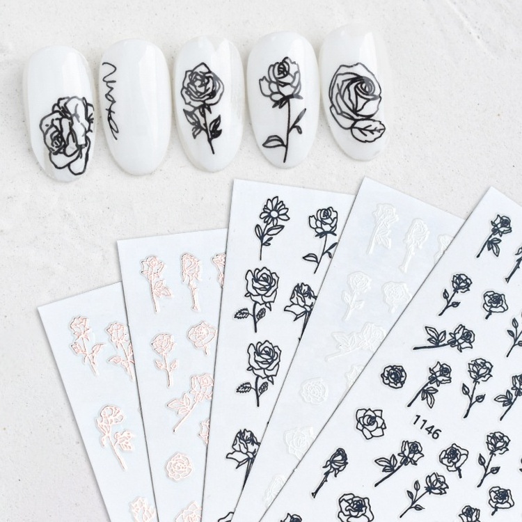 Fall Hot Sale Rose Flower Nail Sticker Black White Flower Adhesive Solid Rose Gold Hollow Designer Nail Decal For Manicure