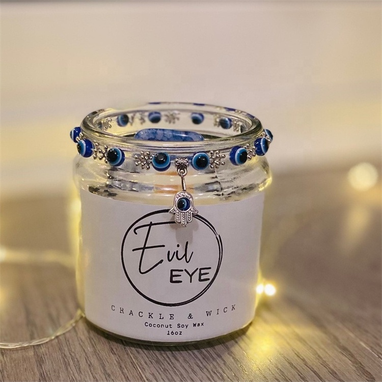 2022 Evil Eye Balancing Healing Rose Lavender Aromatherapy Rose Quartz Soy Wax Scented Candles With Crystals