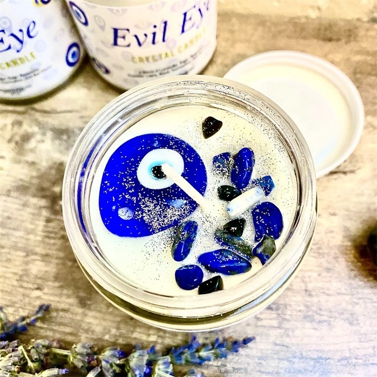 2022 Evil Eye Balancing Healing Rose Lavender Aromatherapy Rose Quartz Soy Wax Scented Candles With Crystals