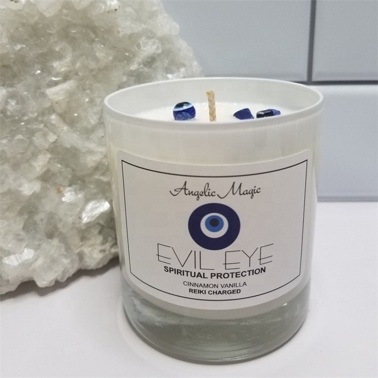 2022 Evil Eye Balancing Healing Rose Lavender Aromatherapy Rose Quartz Soy Wax Scented Candles With Crystals