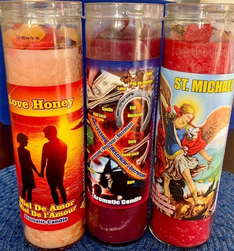 Wholesale  that provide energy and anointing in 7 day glass bottles blessed colored religious candles