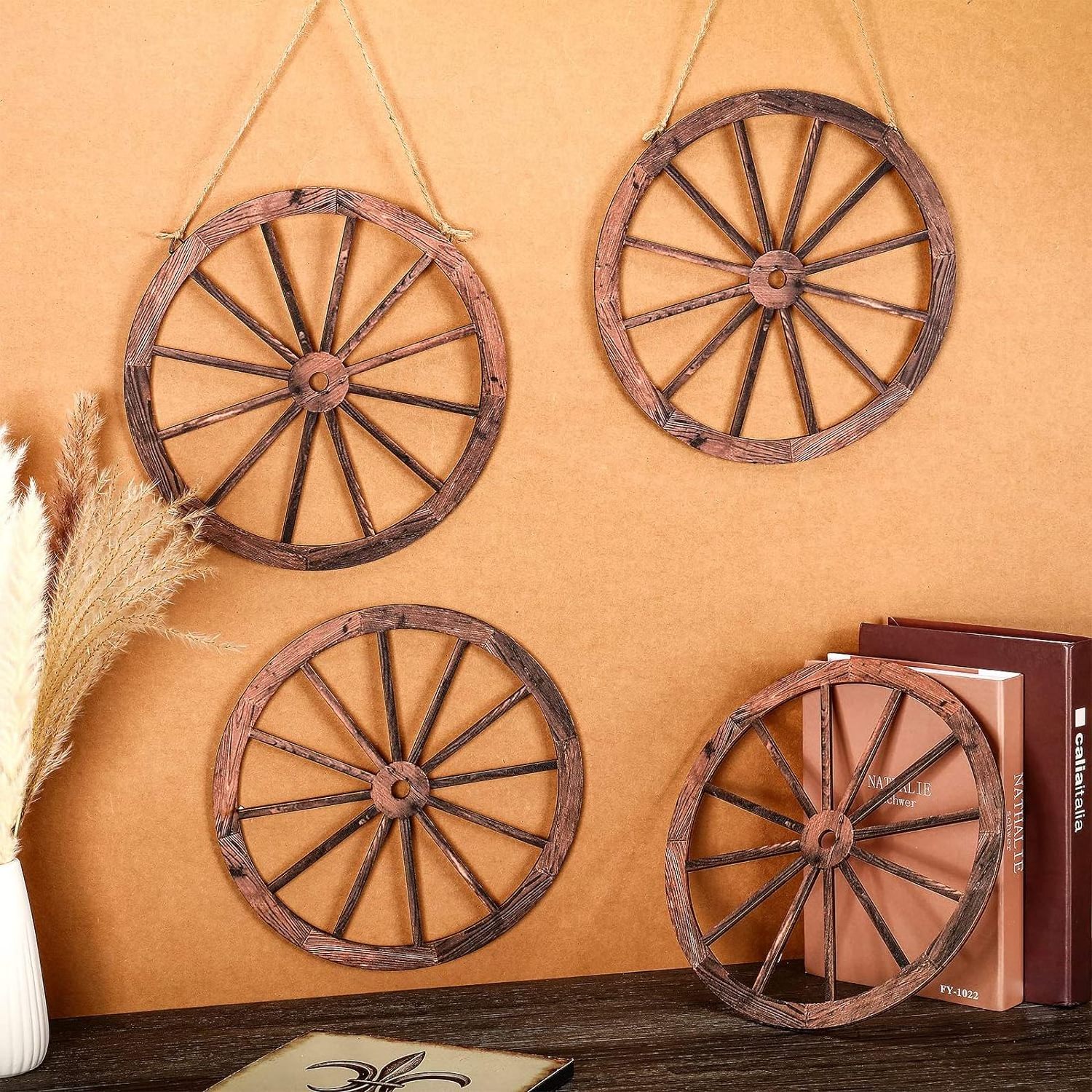 Wall Art Farmhouse Wagon Wheels Rustic Yard Decor 4 Pieces Wood Wagon Wheel Wall Decor 10 Inches Wooden Wagon Wheel for home