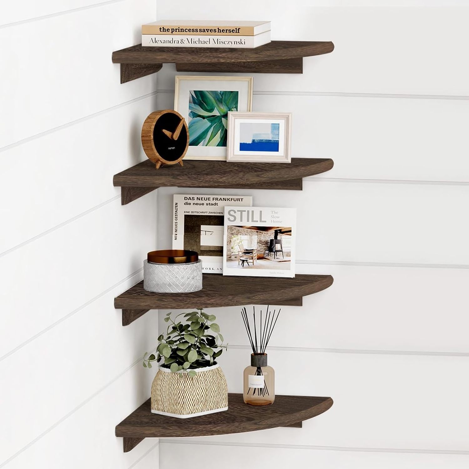 Wall Mount Wooden Floating Shelf Round Wooden Corner Shelf Small Corner Bookshelf Wooden Floating Corner Shelves for Wall