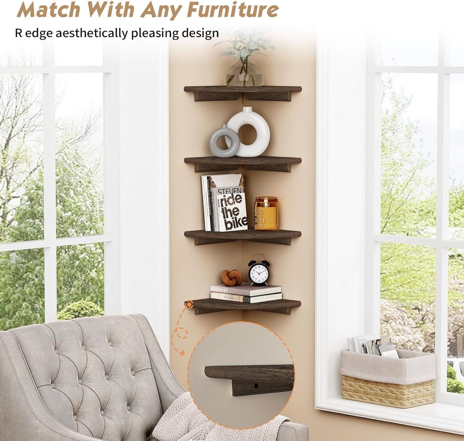 Wall Mount Wooden Floating Shelf Round Wooden Corner Shelf Small Corner Bookshelf Wooden Floating Corner Shelves for Wall