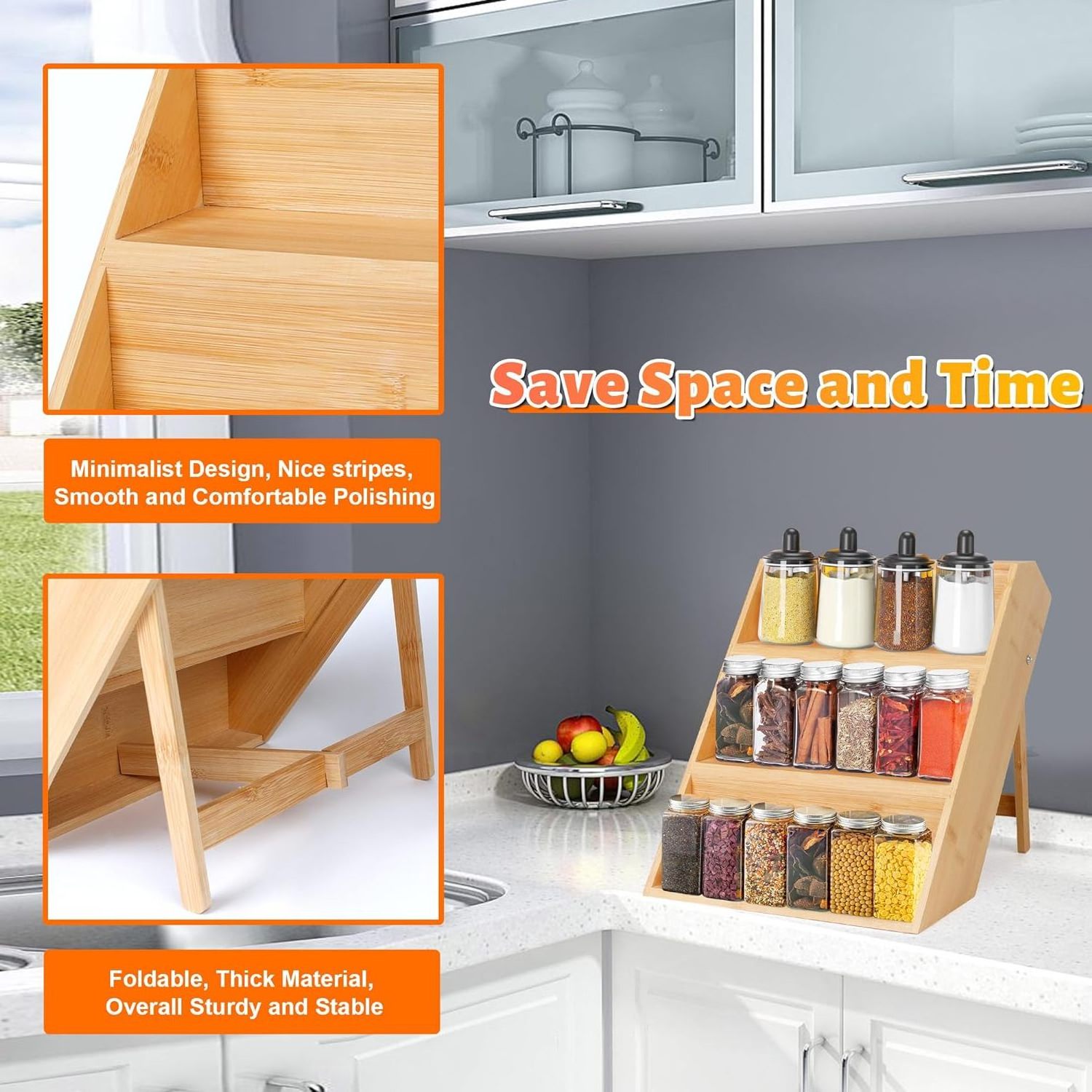 Bamboo Spice Jars Rack Wooden Spice Rack Seasoning Organizer Kitchen Drawer Foldable 3 Tier Bamboo Spice Rack