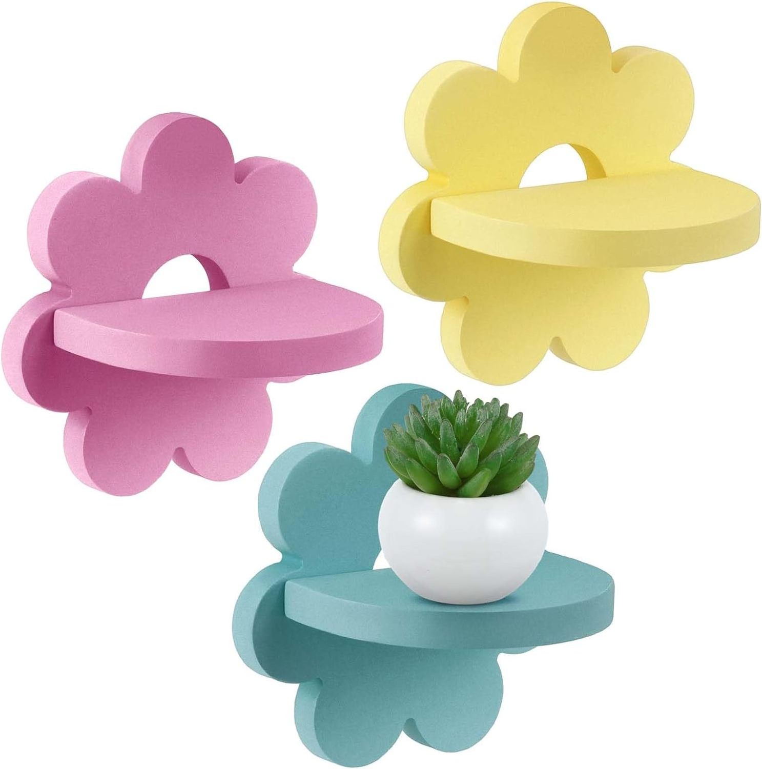 3 Pcs Daisy Flower Plant Wall Shelf Cute Small Nursery Floating Shelves Hanging Shelf for Girls Bedroom