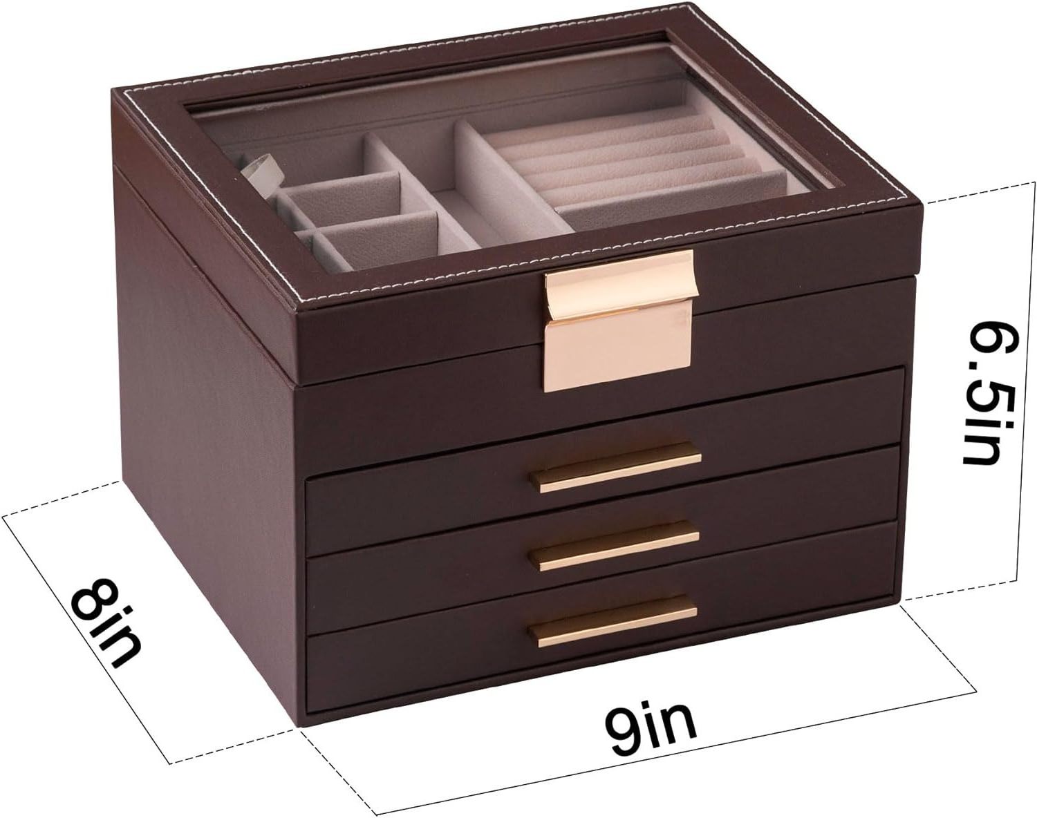 Luxury 3-Layer Wood Jewelry Organizer with Clear Lid and 2 Drawers Large Wooden Gift Box for Jewelry 'Love' Themed Wooden Box