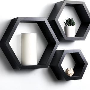 3 Pieces Pine Wood Hexagon Shelves Wooden Honeycomb Shelves Wall Wooden Shelf For Living Room Bedroom Decor