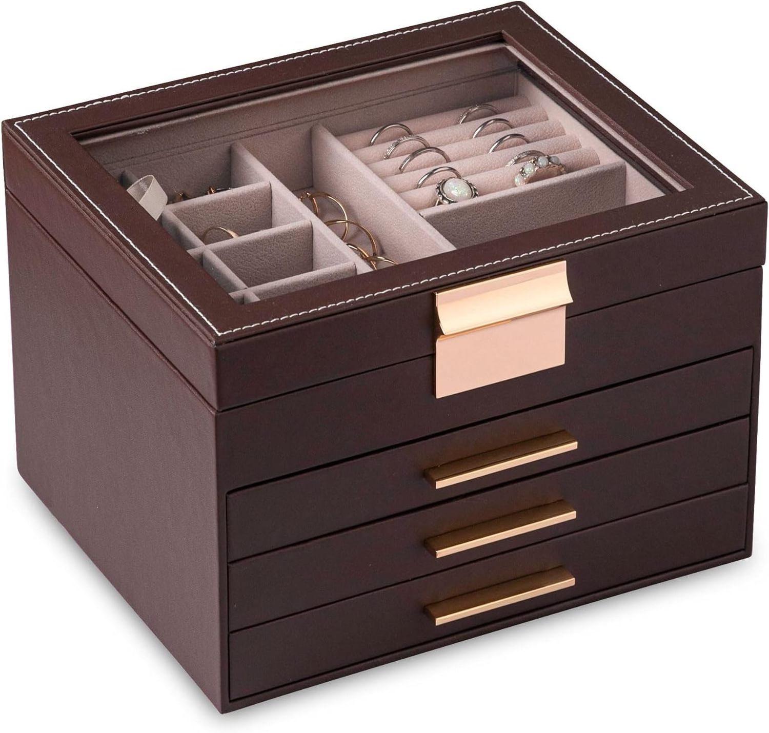 Luxury 3-Layer Wood Jewelry Organizer with Clear Lid and 2 Drawers Large Wooden Gift Box for Jewelry 'Love' Themed Wooden Box