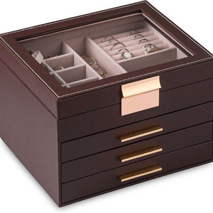 Luxury 3-Layer Wood Jewelry Organizer with Clear Lid and 2 Drawers Large Wooden Gift Box for Jewelry 'Love' Themed Wooden Box