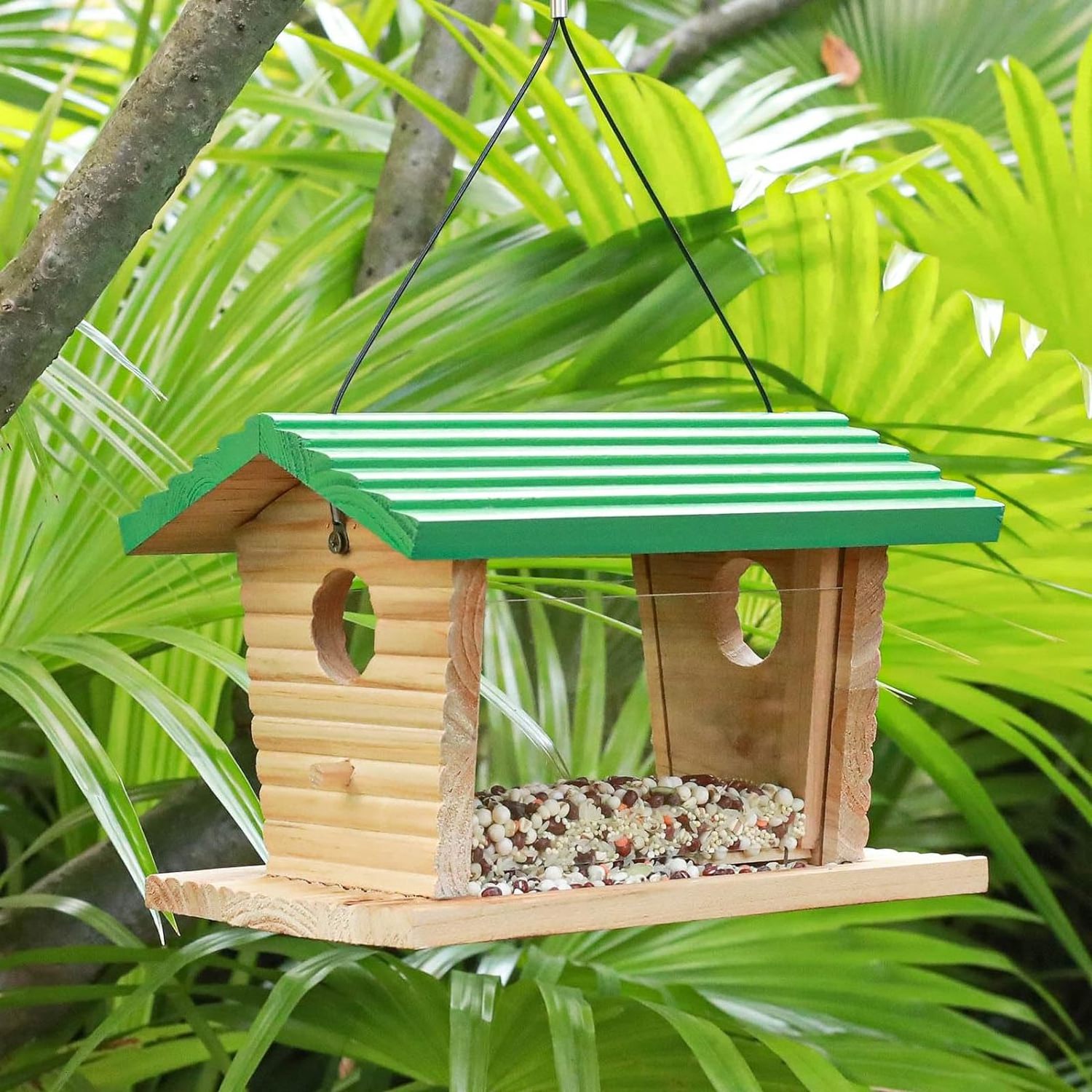 Squirrel Proof Hanging Bird House Feeder Wooden Bird House Bluebird Feeder Outdoors Mealworm Bird Feeder