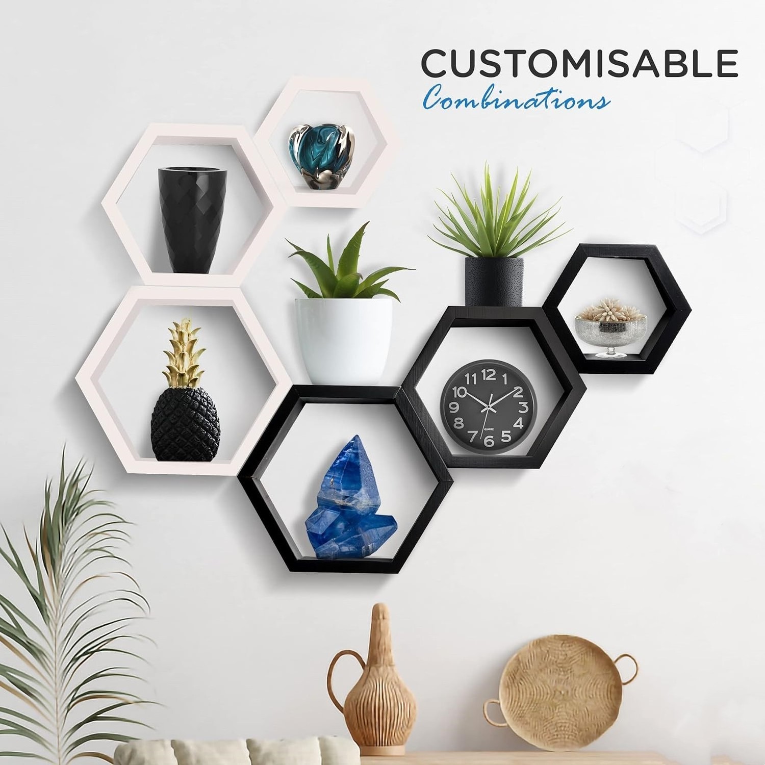 3 Pieces Pine Wood Hexagon Shelves Wooden Honeycomb Shelves Wall Wooden Shelf For Living Room Bedroom Decor