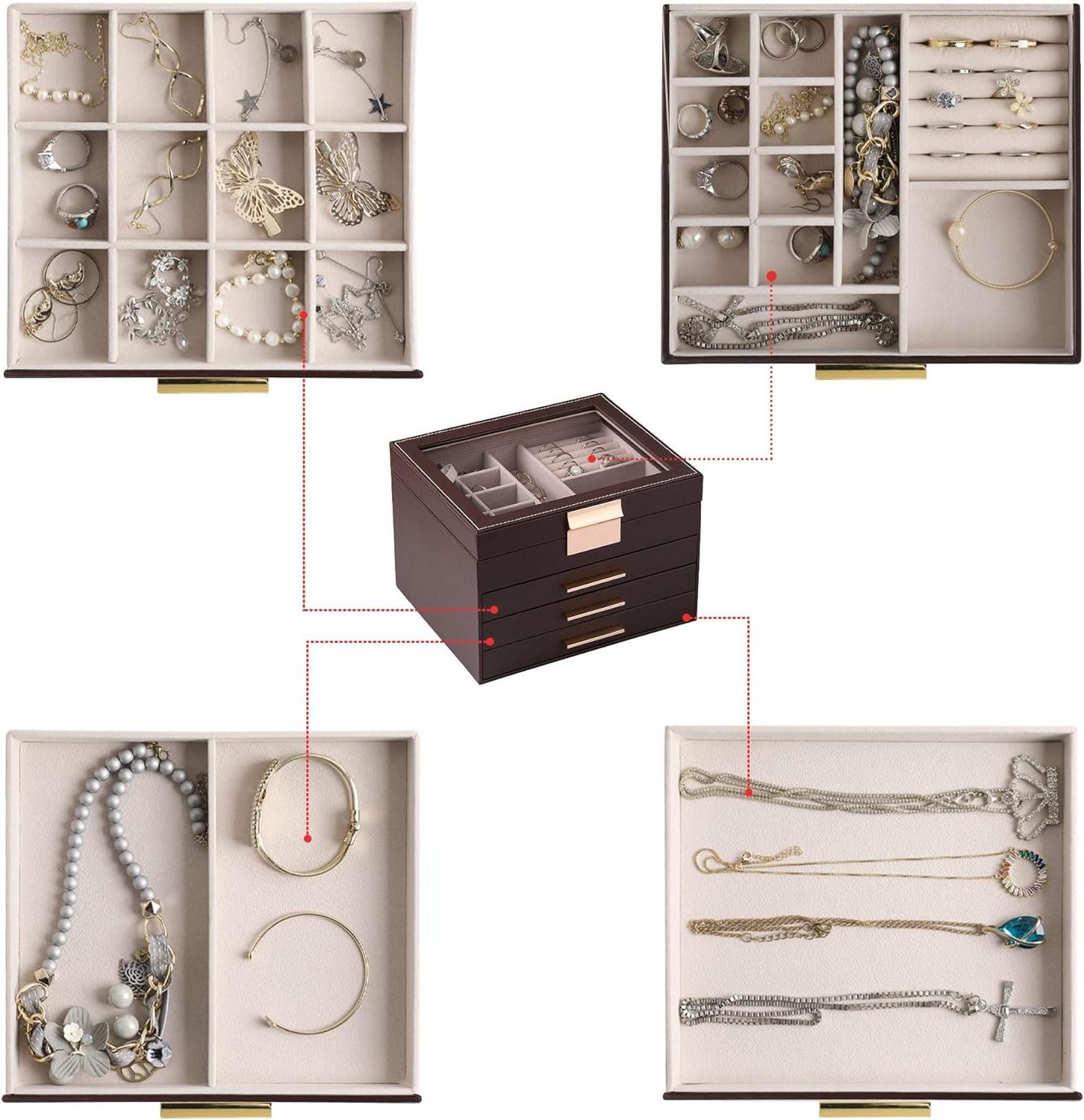 Luxury 3-Layer Wood Jewelry Organizer with Clear Lid and 2 Drawers Large Wooden Gift Box for Jewelry 'Love' Themed Wooden Box