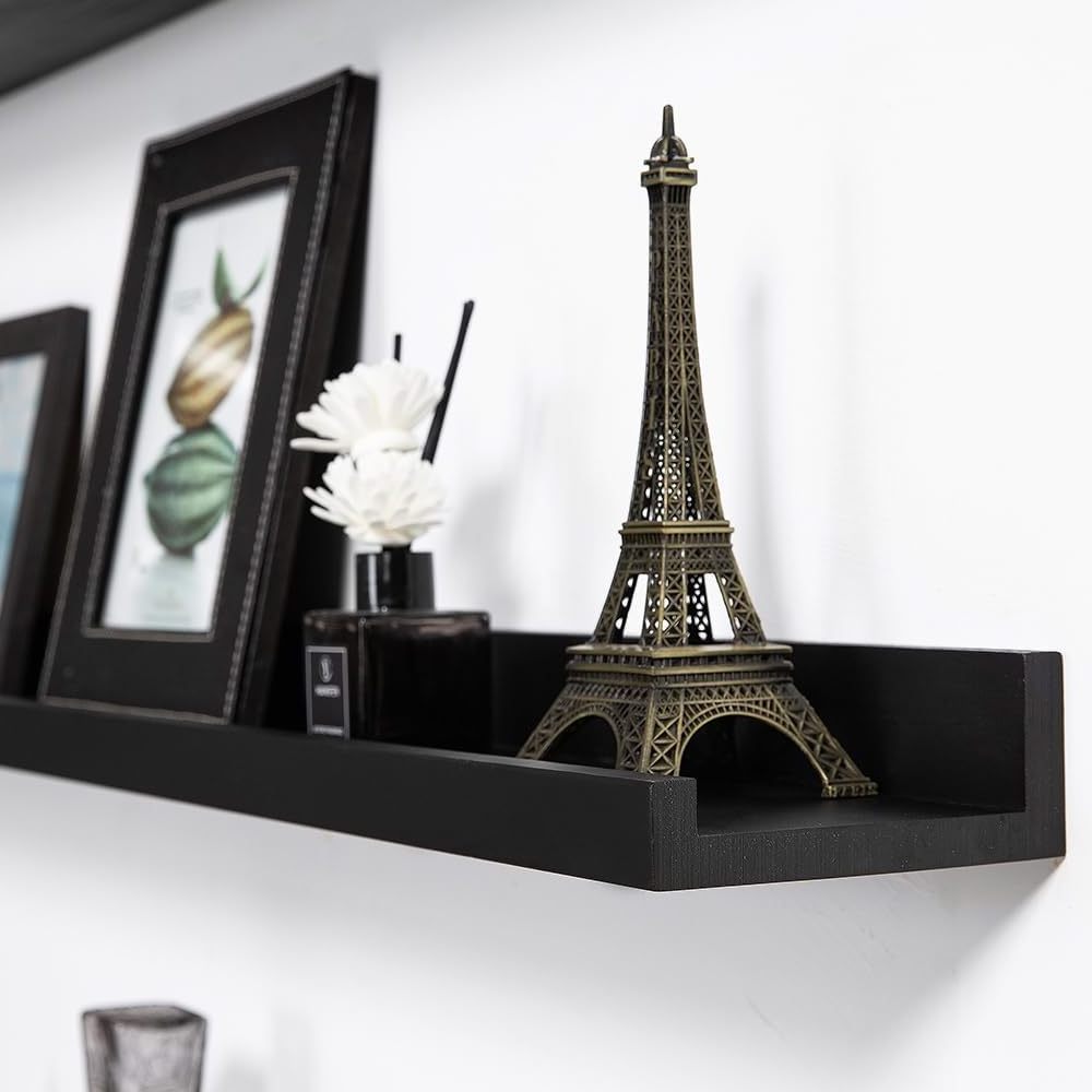 2-Piece Black Floating Lip Wood Wall Rack Photo Book Toy Toy Storage Rack Bathroom Decor Living Room Kitchen Wall Decoration