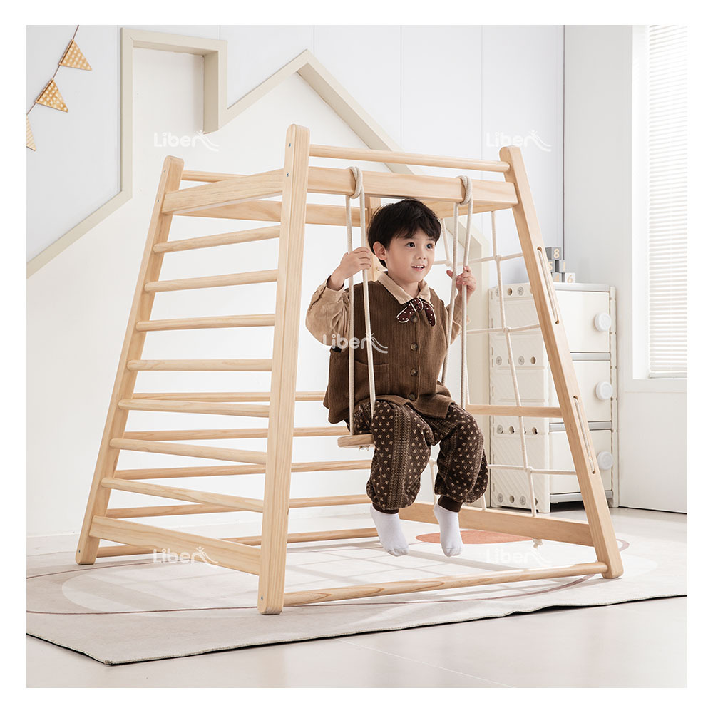 Children Wooden Play Gym Toy Set Kids Indoor Playground Wood Montessori Toddler Climbing Frame with Swing and Slide