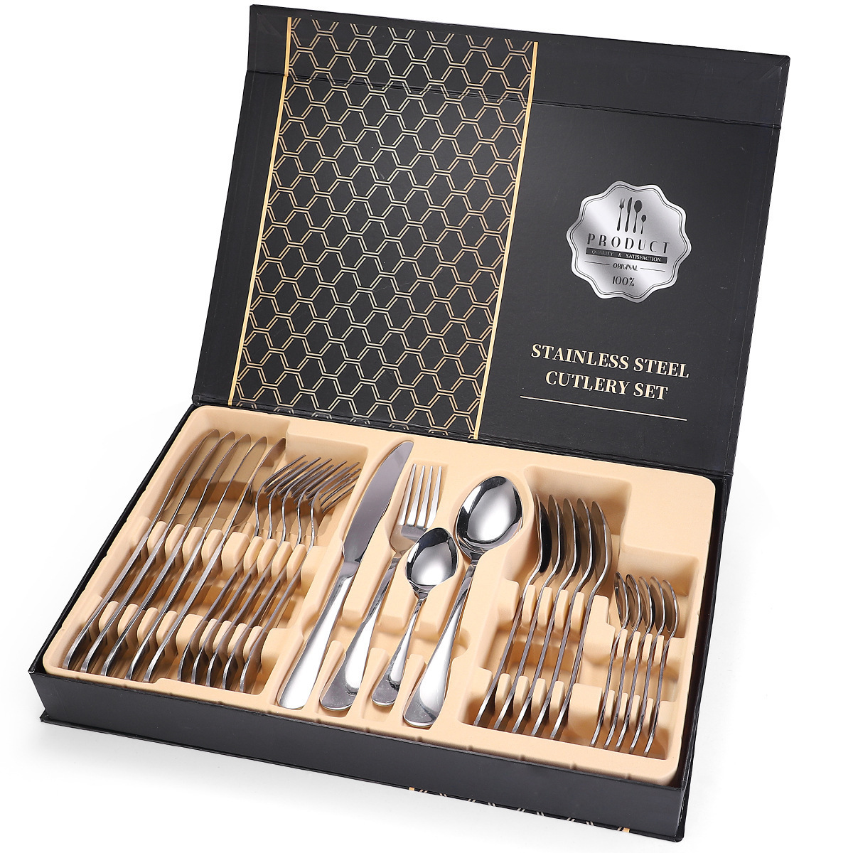 24pcs Gold Plated Flatware Box Set Portugal Knife Spoons And Forks Set Stainless Steel Cutlery With Gift Box