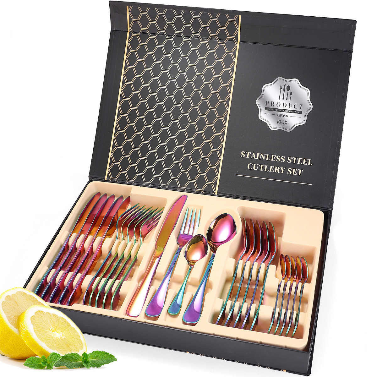 24pcs Gold Plated Flatware Box Set Portugal Knife Spoons And Forks Set Stainless Steel Cutlery With Gift Box