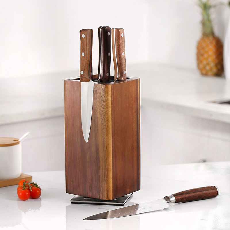 Wholesale Universal knife storage Acacia Wood Knife Holder 360 rotatable wooden magnetic knife block for Kitchen Counter