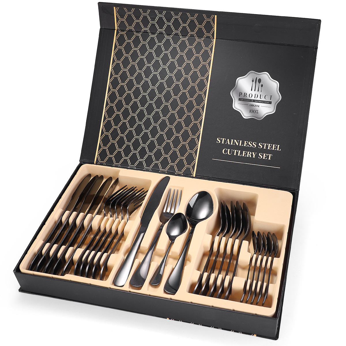 24pcs Gold Plated Flatware Box Set Portugal Knife Spoons And Forks Set Stainless Steel Cutlery With Gift Box