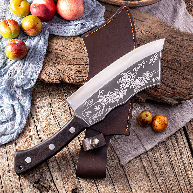 Custom logo Kitchen Knives Damascus chef Knife forged dragon pattern bone chopping knife with wood handle